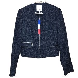 Avec Les Fille blue black wool Tweed lamb leather trim crop blazer